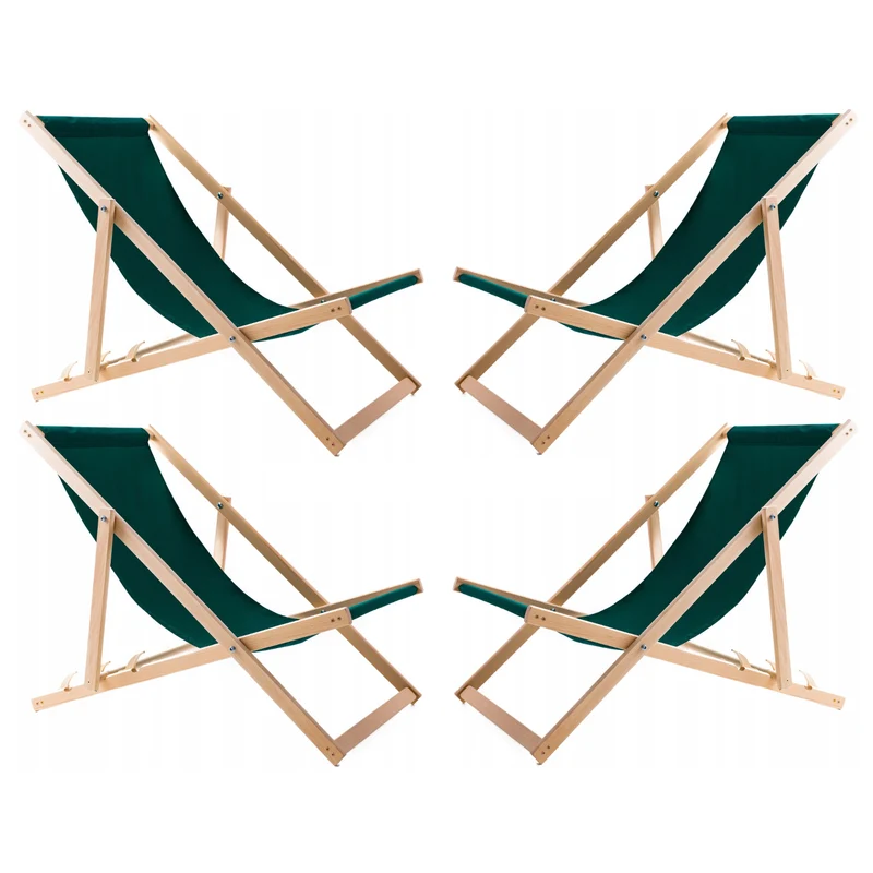 4 chaises longues confortables en bois, vertes, idéales pour la plage, balcon, terrasse